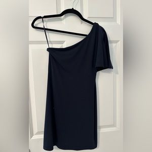 Navy blue one shoulder mini dress.